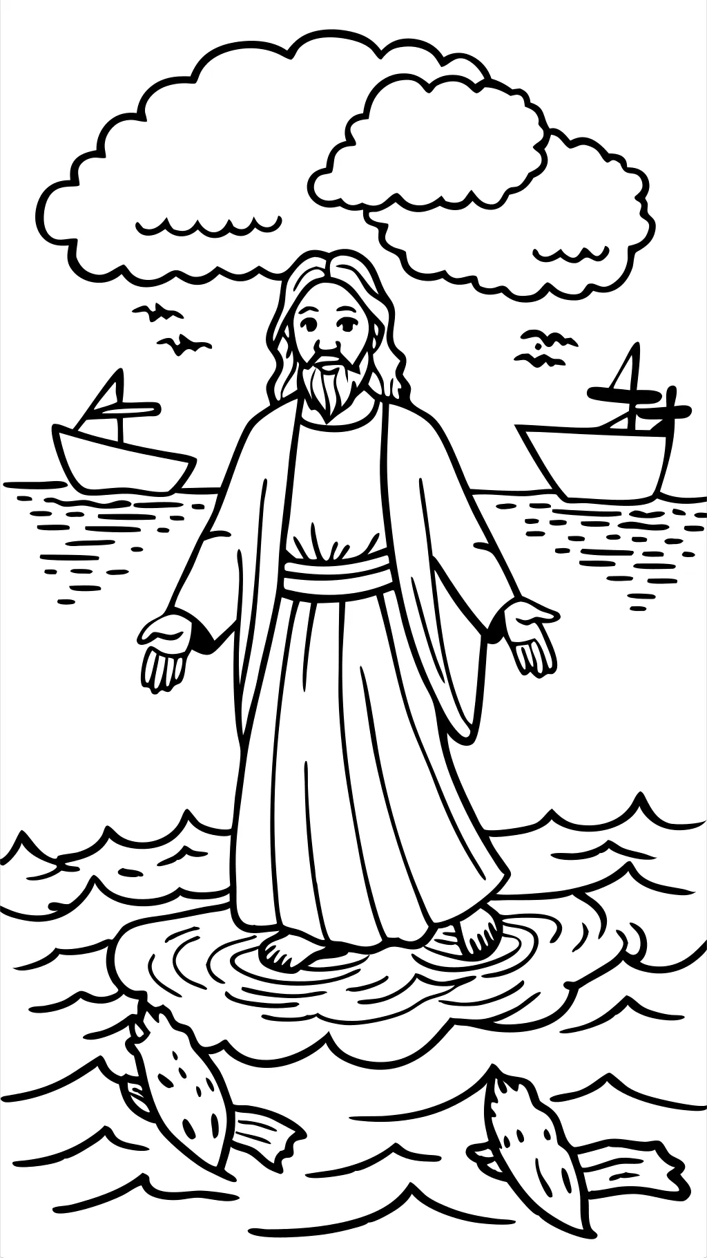 Jesús caminando en la página para colorear del agua